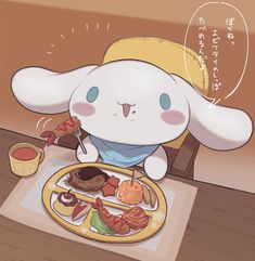 a cartoon bunny sitting at a table with food