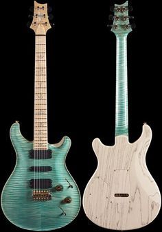 two guitars are shown side by side, one is white and the other is blue