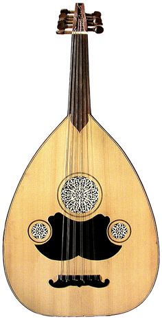 a wooden instrument with black and white images on the top of it's neck