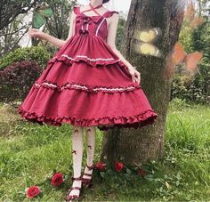 Fairytale Forest Classic JSK Lolita Dress Red Frilly Dress, Shifting Closet, Kawaii Princess, Frilly Dress, Fairytale Forest, Style Kawaii, Fairy Dresses, Harajuku Style, Cottagecore Fashion