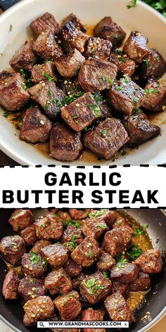 garlic butter steak in a skillet with text overlay