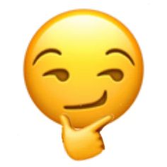 an emoticive smiley face with one hand on his chin and the other thumb down