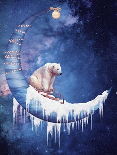 a polar bear sitting on the moon with icicles hanging from it's side