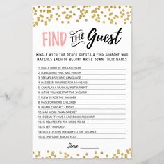 a gold confetti wedding game with the words find the guest