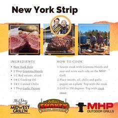 an advertisement for the new york strip grill and grilling event, with pictures of meats