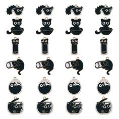 black and white images of cats with glasses on their heads, hanging from hooks in various shapes