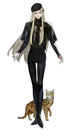 a drawing of a woman with long hair standing next to a cat on a white background