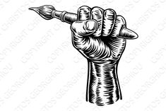 a black and white drawing of a hand holding a paintbrush