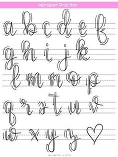 an alphabet handwriting practice sheet with cursive letters and hearts on the bottom line