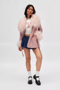 UO Anita Real Suede Jacket | Urban Outfitters John Summit, Pink Suede Jacket, Pink Jacket, Pink Suede, Suede Jacket, Small Chest, Adjustable Belt, Black Fits, Soft Suede