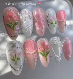 Tulip Nails, Nails Butterfly, Holo Nails, Fake Nails Designs, Art Deco Nails, Asian Nails, Summery Nails, Girly Acrylic Nails