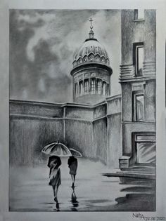 a drawing of two people walking in the rain with an umbrella over their heads,