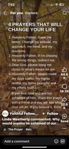 the bible app with an image of leaves and trees in the background, which reads 4 prayer