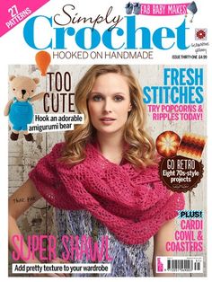 the cover of simply crochet magazine featuring a woman wearing a pink shawl