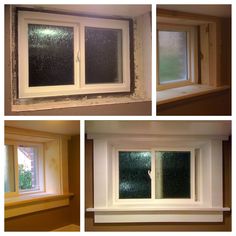 four different views of the inside of a house with windows being painted and window sill missing