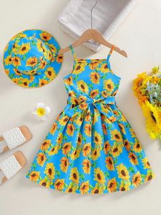 2pcs Young Girl Sunflower & Hawaiian Holiday Style Strap Dress With Belt And Hat, Perfect For Festivals, Holidays, Beaches Etc. In Spring/Summer Blue Boho  Sleeveless Polyester,Woven Fabric Floral,Plants,All Over Print,Textured Pattern Cami Slight Stretch  Young Girls Clothing, size features are:Bust: ,Length: ,Sleeve Length: Holiday Style, Dress With Belt, Summer Blue, Strap Dress, Holiday Fashion, Girls Clothing, Primavera Estate, All Fashion, Length Sleeve