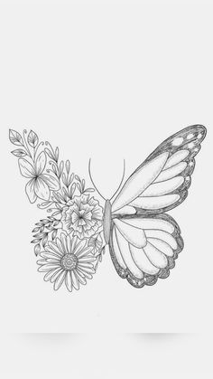 a black and white drawing of a butterfly with flowers