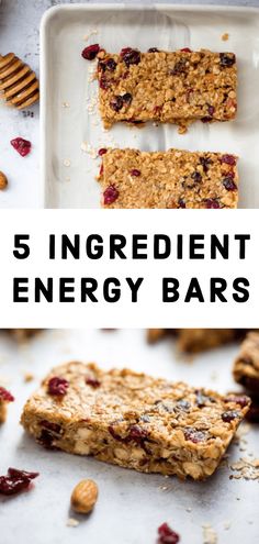 five ingredient energy bars on a plate with nuts and cranberries