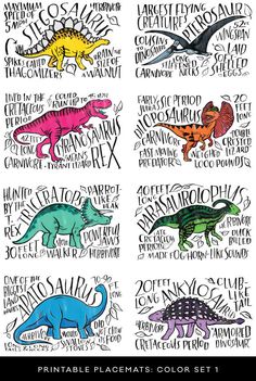 dinosaurs and typosauruss are featured in this printable placemat set