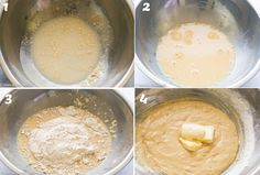 four pictures showing how to make batter in a mixing bowl