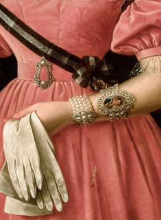 a painting of a woman in pink dress with gloves on her arm and holding a white glove