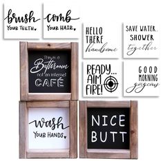 four framed signs with words and phrases on them in wooden frames, one saying brush, the other saying