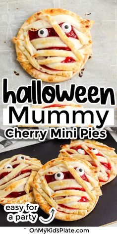 an easy recipe for kids to make halloween mummy pies with cherry filling and googly eyes