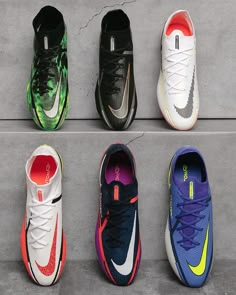 six different nike shoes lined up in a row