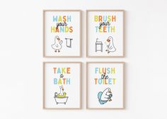 four bathroom wall art prints featuring ducks and bathtubs, wash your teeth, flush the toilet