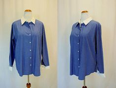 1990's Blue & White Striped Blouse Size 16 Liz Claiborne White Shirt Collar, Cotton Blouse, Cotton Blouses, Striped Blouse, Shirt Collar, Classic Shirt, Liz Claiborne, White Shirt, Denim Button Up