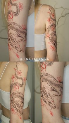 two pictures of the same woman's arm with tattoos on it