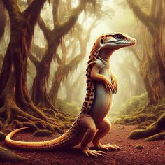 a large lizard standing in the middle of a forest