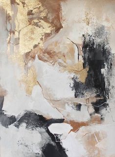 an abstract painting with gold, black and white colors