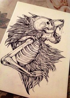 a drawing of a skeleton with a wolf on it's back