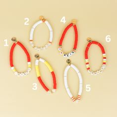 Calling Chiefs Kingdom! These bracelets are perfect for stacking and a necessity for your game day outfits! Shipping Note: This custom item takes 3-5 days to produce and is not eligible for expedited shipping. We aim to try and have items in your hands within 7 business days! Final Sale: This item is final sale and not eligible for returns. Please double check your wrist size and any details prior to ordering. Chiefs Bracelet Ideas, Kc Chiefs Jewelry, Chiefs Bracelet, Chiefs Kingdom, Kc Chiefs, Ny Giants, Day Outfits, Gameday Outfit, Take A Shower