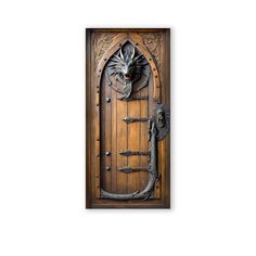 a wooden door with an intricate design on the front and side panel, featuring a dragon's head