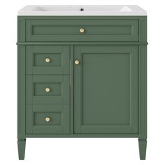 a green vanity with drawers and a white sink