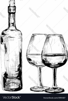 two glasses and a bottle of wine hand drawn sketch on white background eps1087