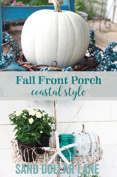 a white pumpkin sitting on top of a shelf next to some potted plants and flowers