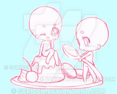 a drawing of two people sitting next to each other on top of a plate with an apple