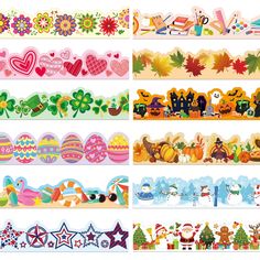 several different types of decorative paper tapes with cartoon characters and symbols on them, all decorated in bright colors