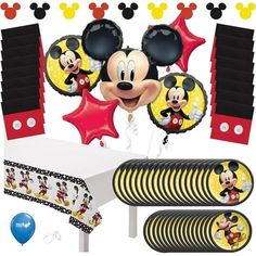 mickey mouse party supplies including balloons and decorations