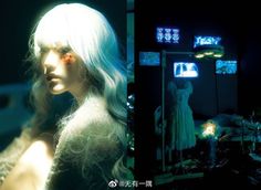 a woman with white hair standing in front of a tv screen and another photo of a mannequin