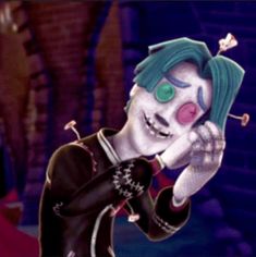 an animated image of a clown with green hair and pink nose ring holding his hands to his face