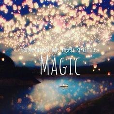 there is a boat floating in the water with lots of lanterns flying above it and some words that read sometimes need a little magic