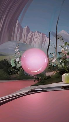 a pink car is parked in front of a mountain range with trees and flowers on it