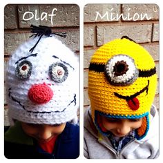 two crocheted hats with faces on them, one is yellow and the other is white