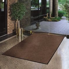 a large brown area rug in front of a brick building with potted plants on either side