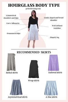 Rocking petite hourglass vibes with skirts that know how to highlight your curves. 🔥 Skirts For Hourglass Figures, Modest Hourglass Outfits, Hourglass Measurements, Bottom Hourglass Outfits, Petite Hourglass Figure, Hourglass Skirt, Skirt Guide