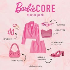 a pink outfit and accessories are shown with the words barbieicore written below it